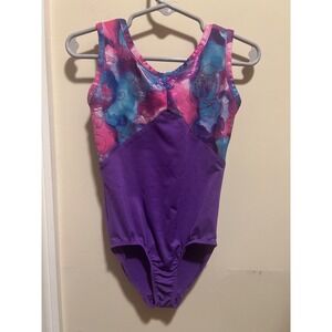 Danskin Now Girls Sz XS 4-5 Purple Floral Sleeveless Leotard w/Criss Cross Back